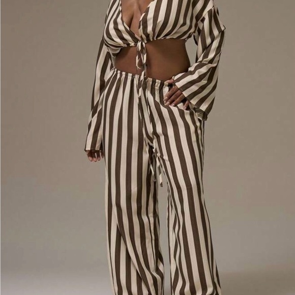 Other - Brown & Cream Striped 2 Piece Set Wide Leg Pants Boho Minimalist Lounge Set